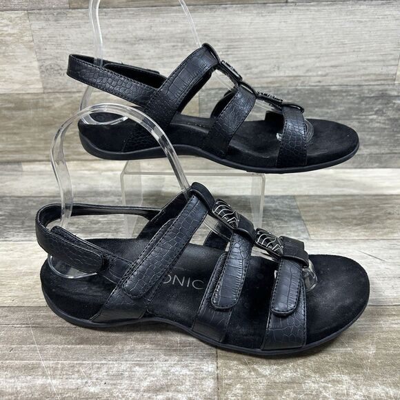 Vionic Shoes - Vionic 44 Amber Sandals Women's 6 Black Leather Open Toe Slingback Comfort Shoes